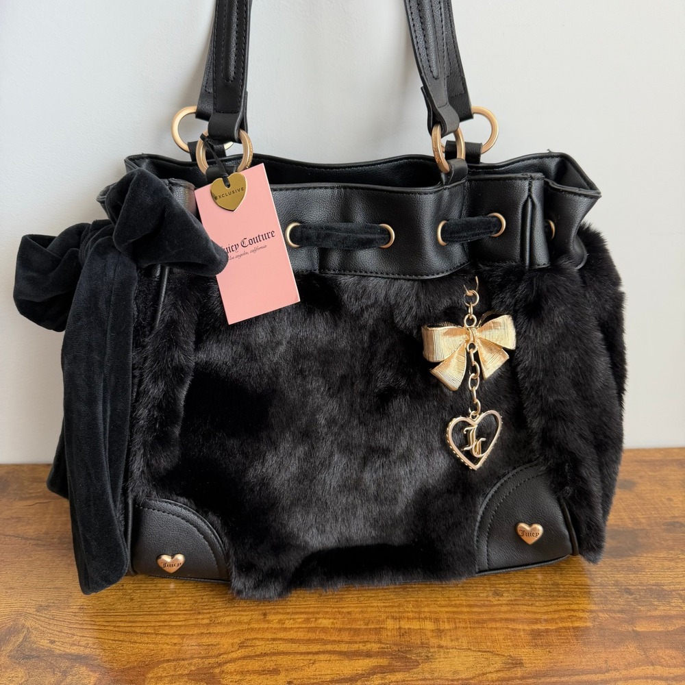 New Juicy Couture Soul Sister Faux Fur Black Daydreamer Tote Shoulder Handbag